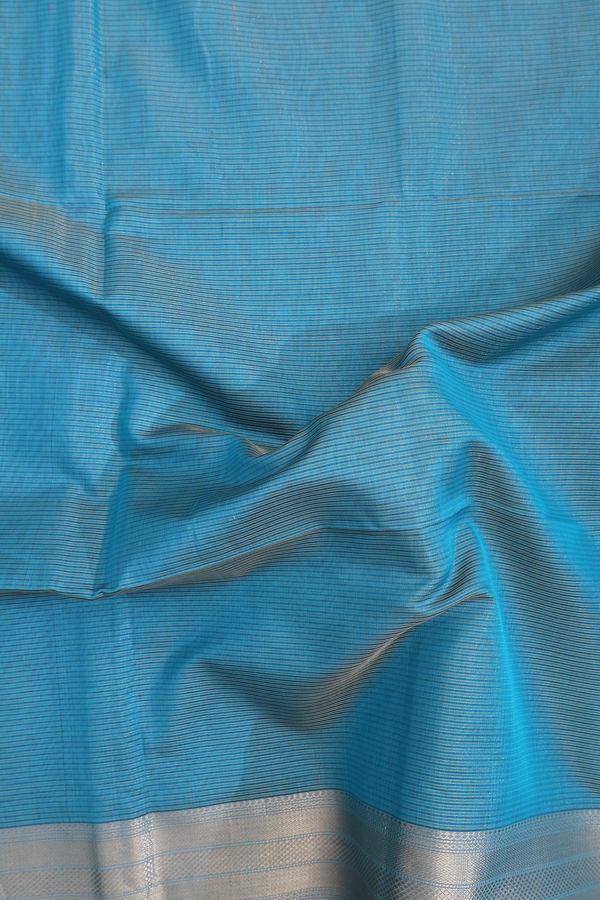 Maheswari Silk Cotton Saree Peacock Blue With Stripes Design