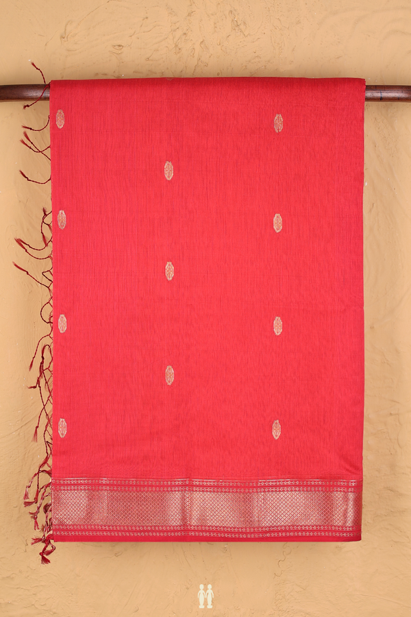 Maheswari Silk Cotton Saree Coral Red With Zari Buttas