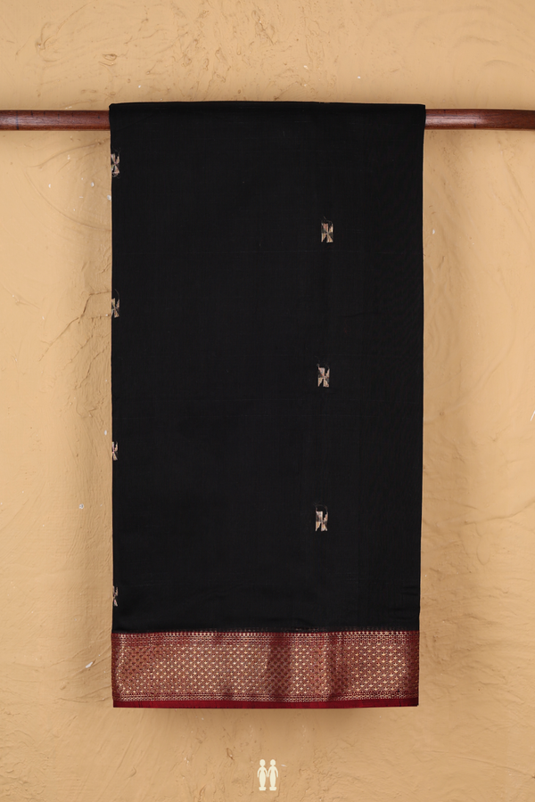 Maheswari Silk Cotton Saree In Black With Zari Buttas