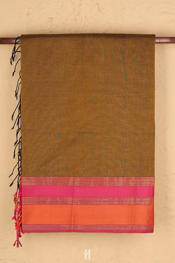 Maheswari Silk Cotton Saree In Brown With Threadwork Border