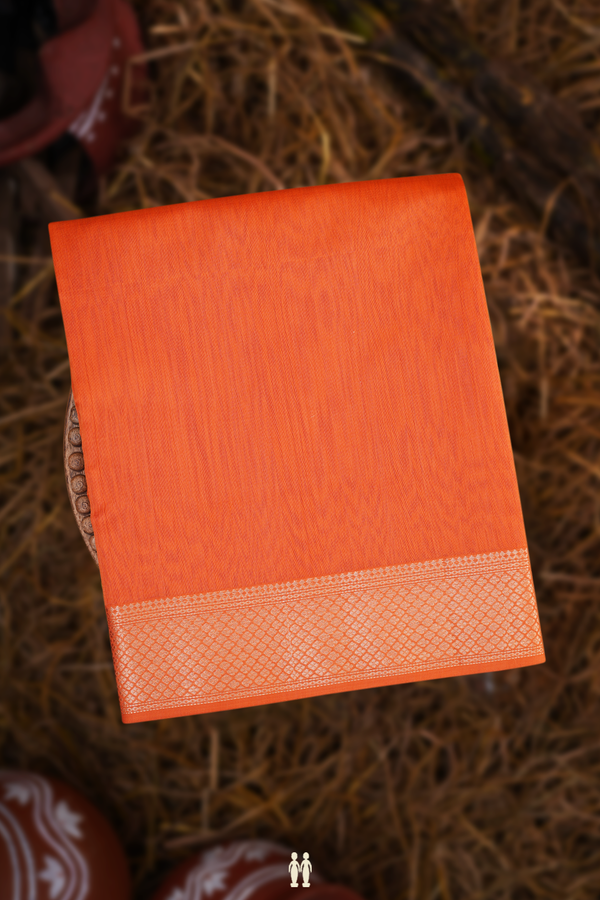 Maheswari Silk Cotton Saree In Coral Orange With Zari Border