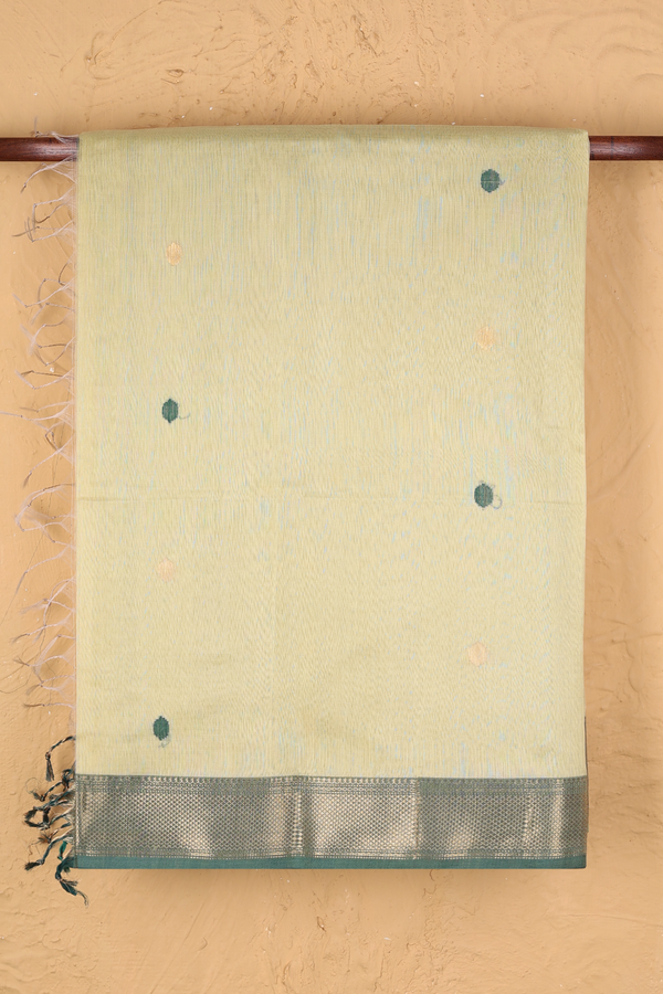 Maheswari Silk Cotton Saree In Green Beige With Zari Buttas