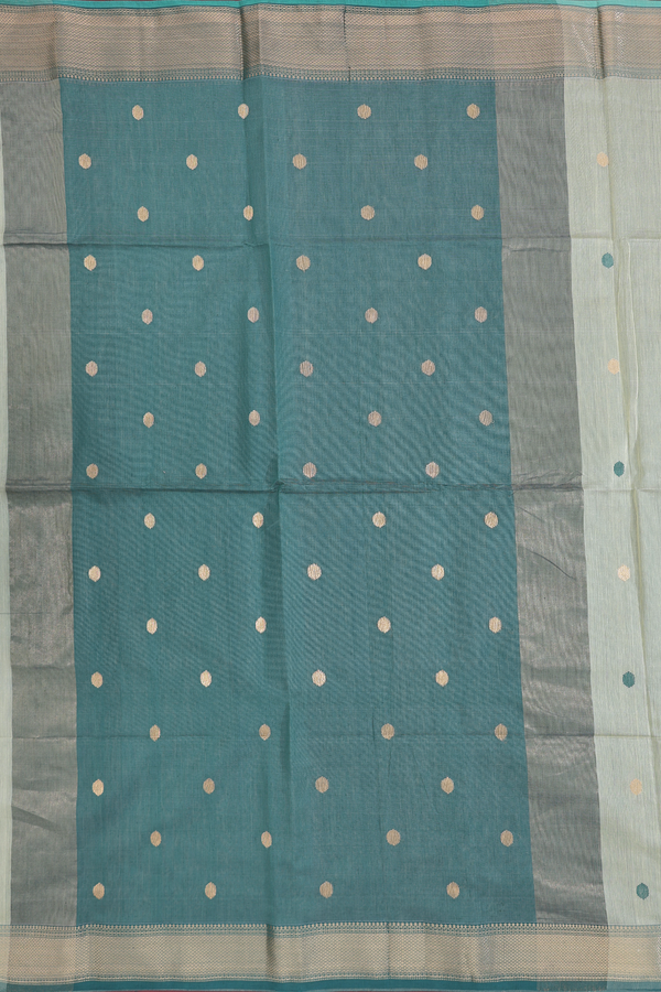 Maheswari Silk Cotton Saree In Green Beige With Zari Buttas