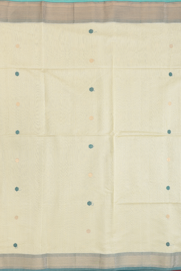 Maheswari Silk Cotton Saree In Green Beige With Zari Buttas