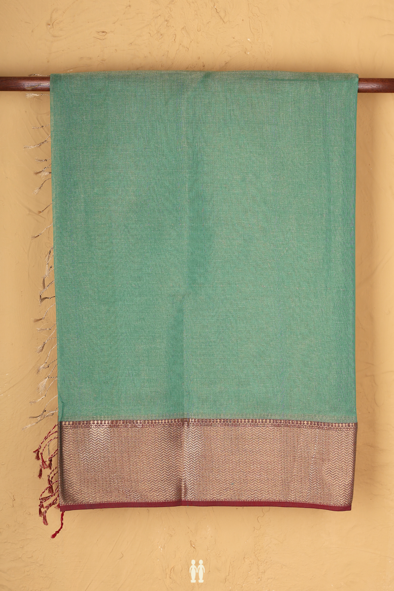 Maheswari Silk Cotton Saree In Green With Chevron Border