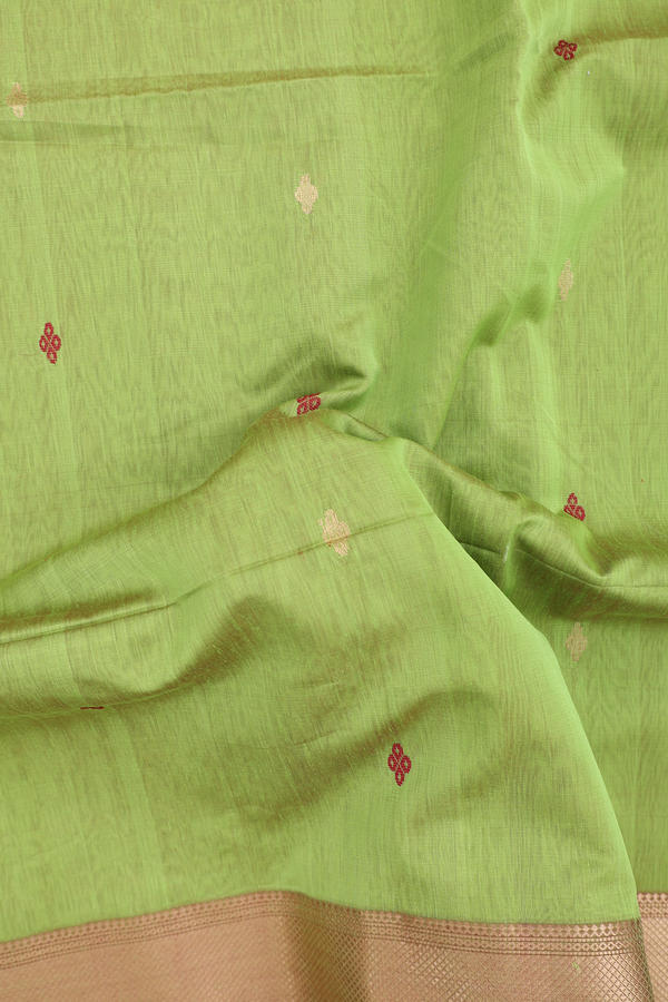 Maheswari Silk Cotton Saree In Lime Green With Allover Buttas