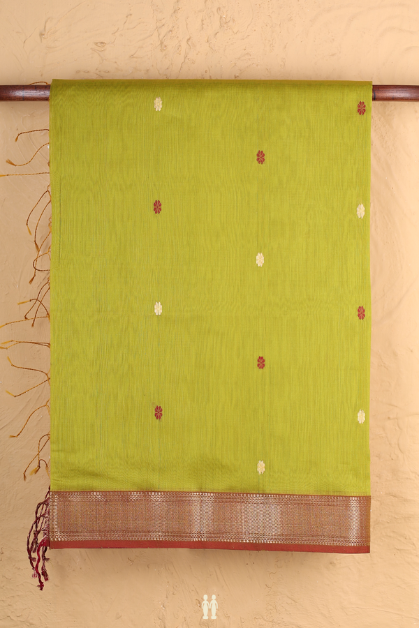 Maheswari Silk Cotton Saree In Pear Green With Floral Buttas