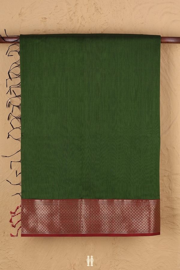 Maheswari Silk Cotton Saree In Olive Green With Zari Border