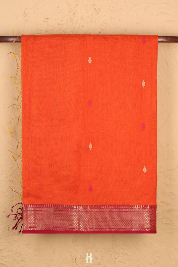 Maheswari Silk Cotton Saree In Orange With Diamond Buttas