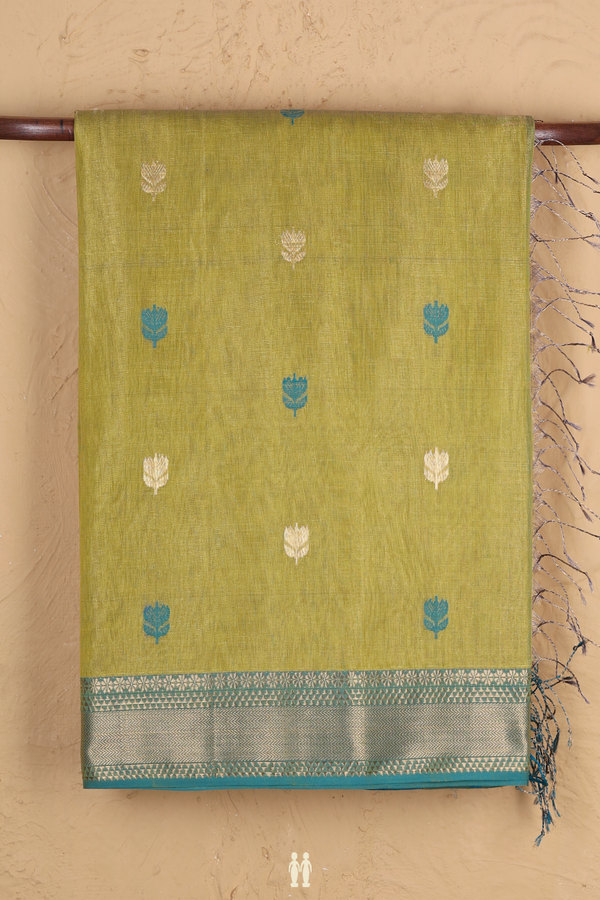 Maheswari Silk Cotton Saree In Pear Green With Floral Buttas