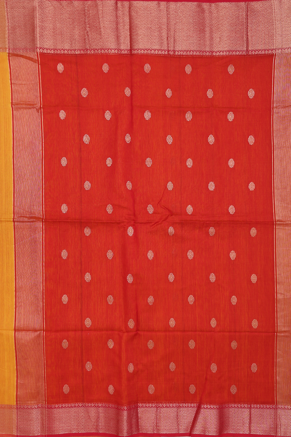 Maheswari Silk Cotton Saree In Royal Orange With Zari Buttas