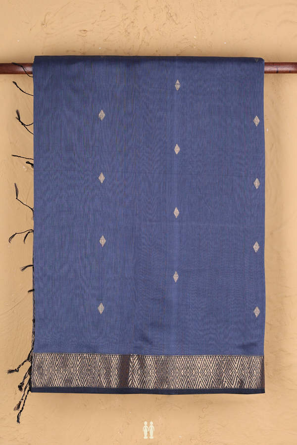 Maheswari Silk Cotton Saree In Space Blue With Zari Buttas