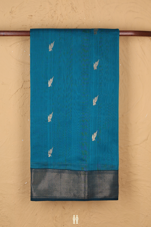 Maheswari Silk Cotton Saree In Teal Blue With Zari Buttas
