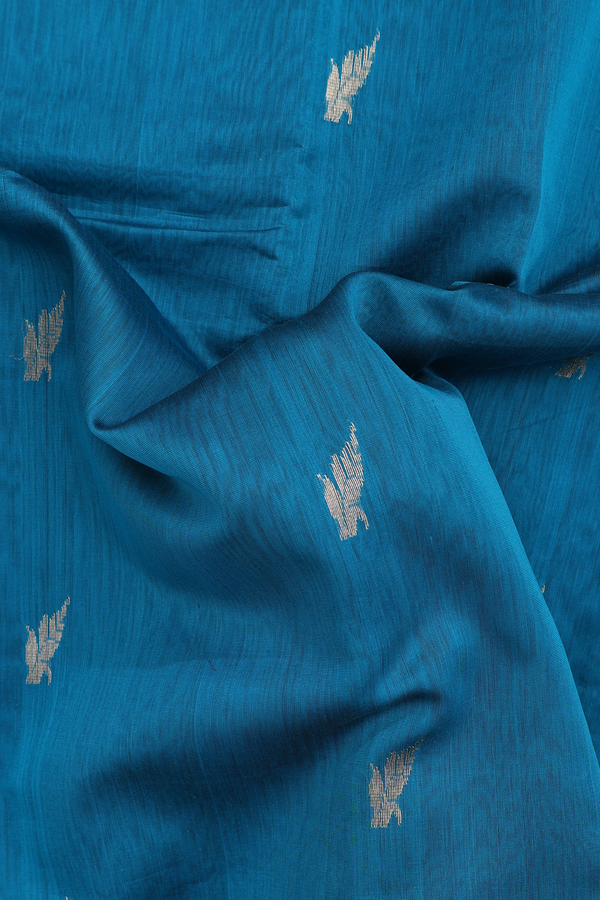 Maheswari Silk Cotton Saree In Teal Blue With Zari Buttas