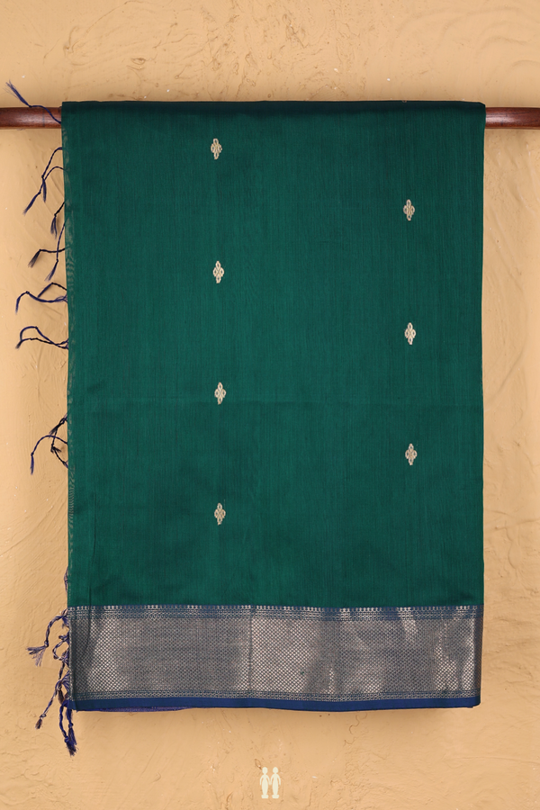 Maheswari Silk Cotton Saree Midnight Green With Zari Buttas