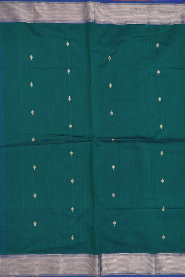 Maheswari Silk Cotton Saree Midnight Green With Zari Buttas