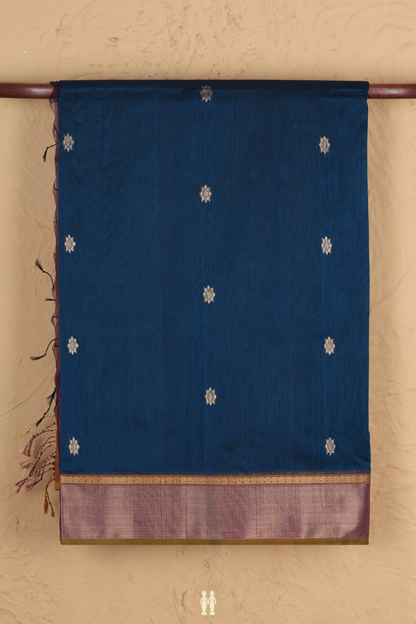 Maheswari Silk Cotton Saree Prussian Blue With Floral Buttas