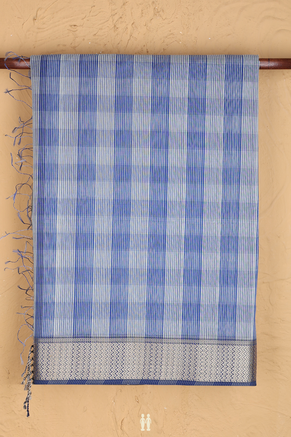 Maheswari Silk Cotton Saree White Blue With Checks Design