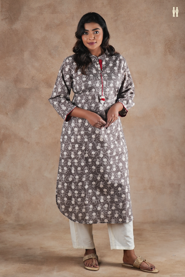 Mandarin Neck Allover Design Grey Cotton Long Kurta