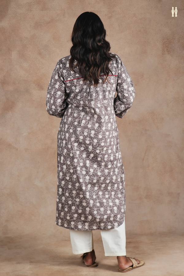 Mandarin Neck Allover Design Grey Cotton Long Kurta