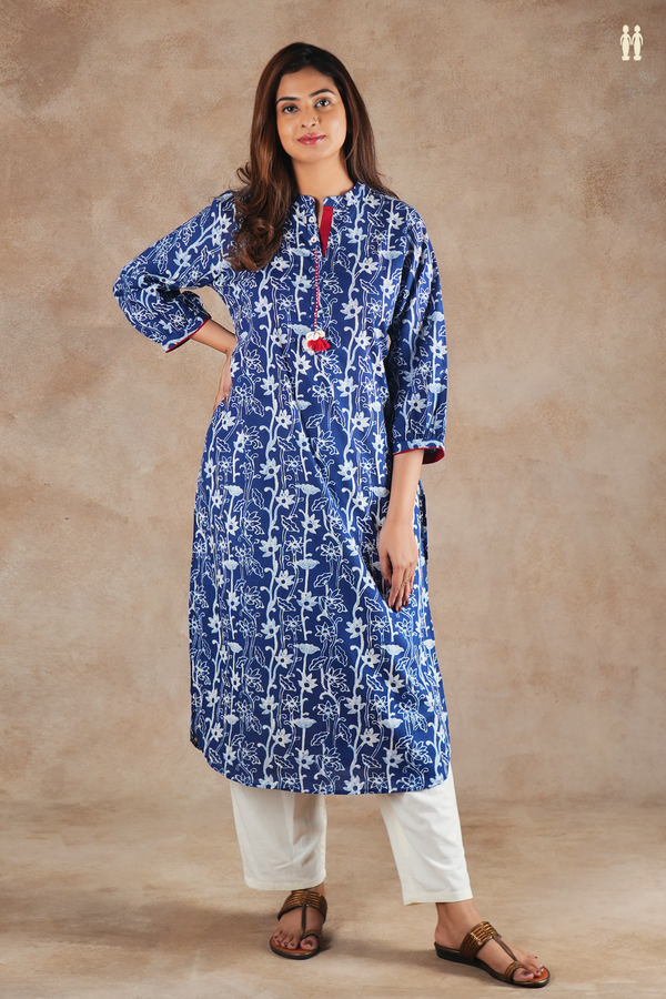 Mandarin Neck Floral Design Blue Cotton Long Kurta