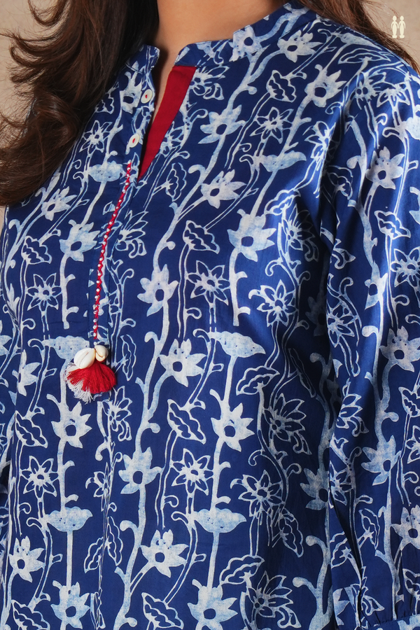 Mandarin Neck Floral Design Blue Cotton Long Kurta