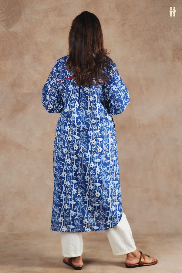 Mandarin Neck Floral Design Blue Cotton Long Kurta