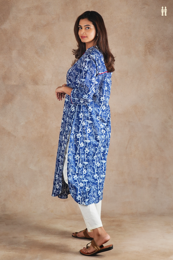 Mandarin Neck Floral Design Blue Cotton Long Kurta