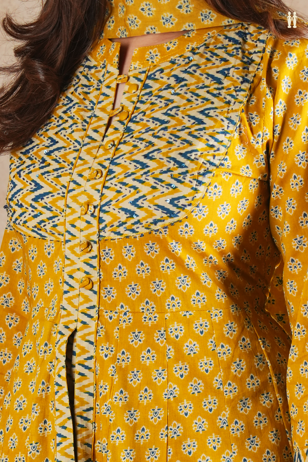 Mandarin Neck Floral Design Golden Yellow Cotton Long Kurta