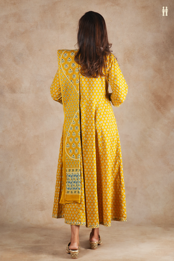 Mandarin Neck Floral Design Golden Yellow Cotton Long Kurta