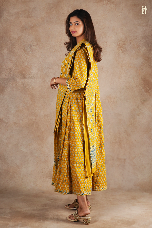 Mandarin Neck Floral Design Golden Yellow Cotton Long Kurta
