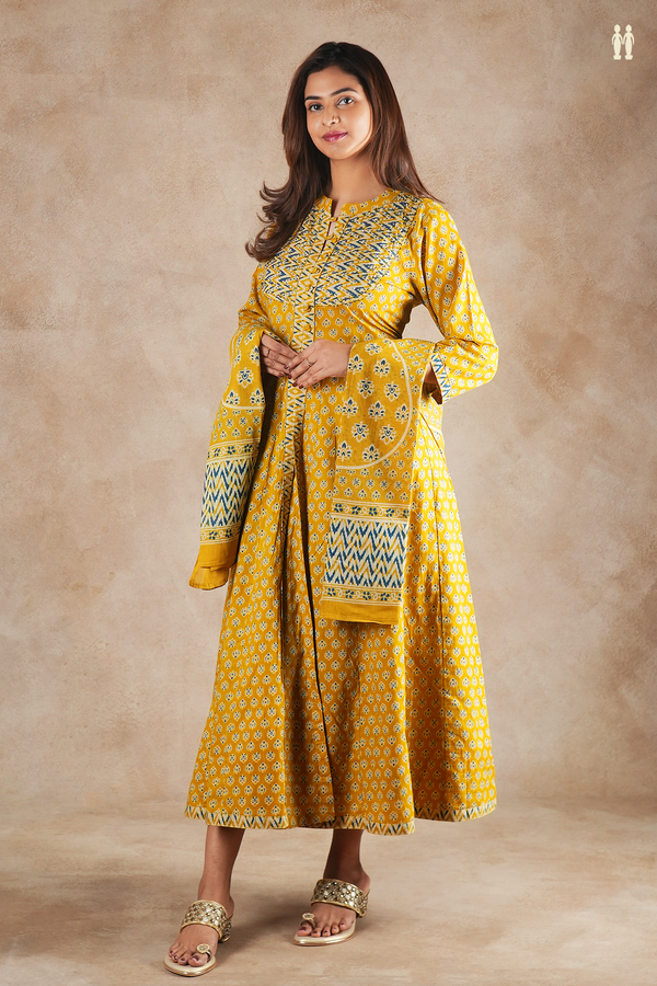 Mandarin Neck Floral Design Golden Yellow Cotton Long Kurta