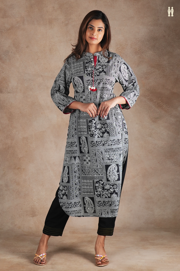 Mandarin Neck Printed Design Black Cotton Long Kurta
