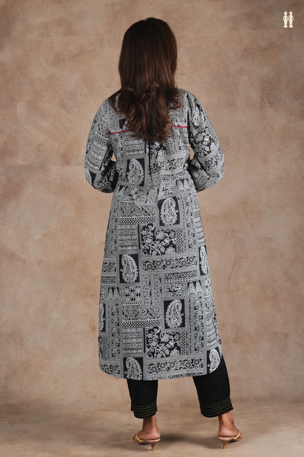 Mandarin Neck Printed Design Black Cotton Long Kurta
