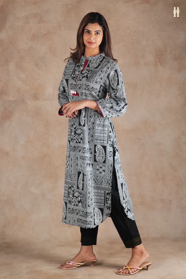Mandarin Neck Printed Design Black Cotton Long Kurta