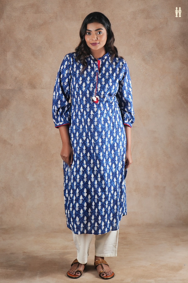 Mandarin Neck Printed Design Blue Cotton Long Kurta
