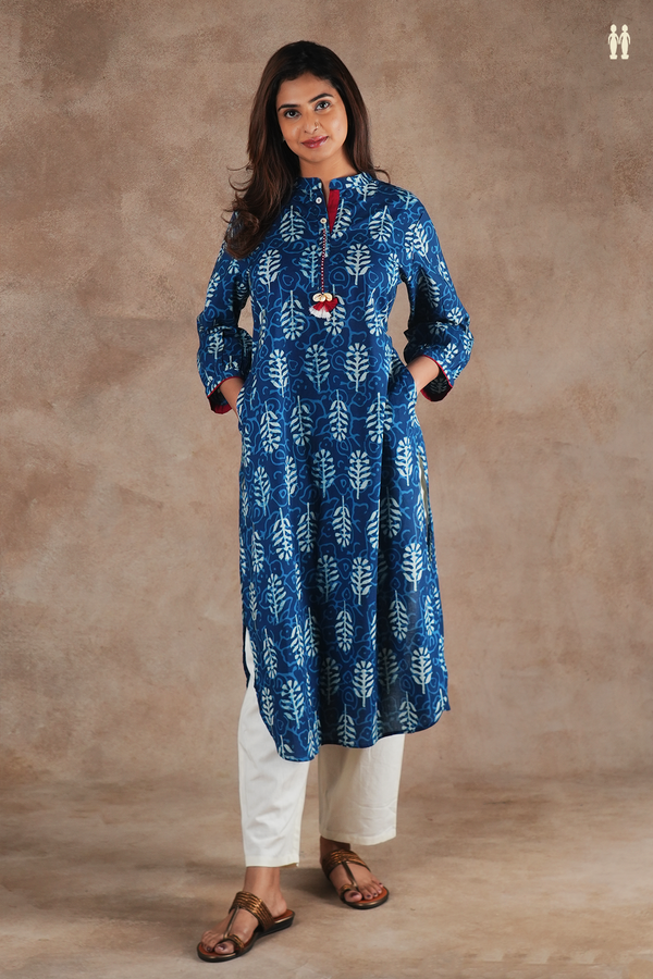 Mandarin Neck Printed Design Blue Cotton Long Kurta