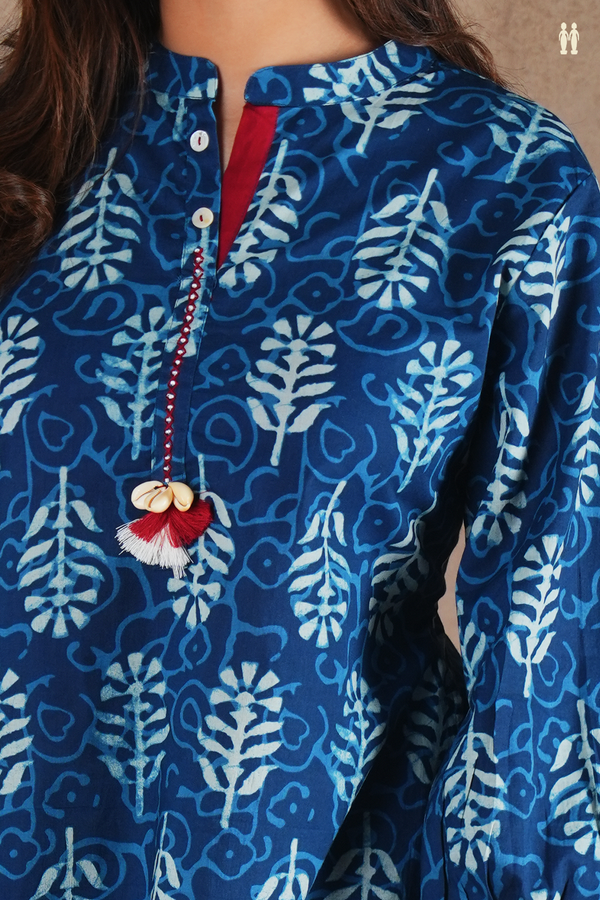 Mandarin Neck Printed Design Blue Cotton Long Kurta