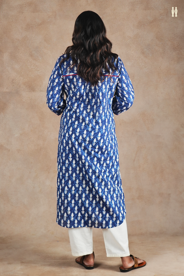 Mandarin Neck Printed Design Blue Cotton Long Kurta