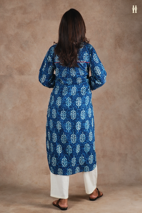 Mandarin Neck Printed Design Blue Cotton Long Kurta