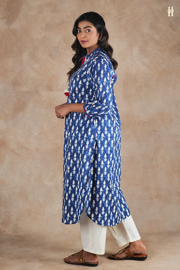 Mandarin Neck Printed Design Blue Cotton Long Kurta