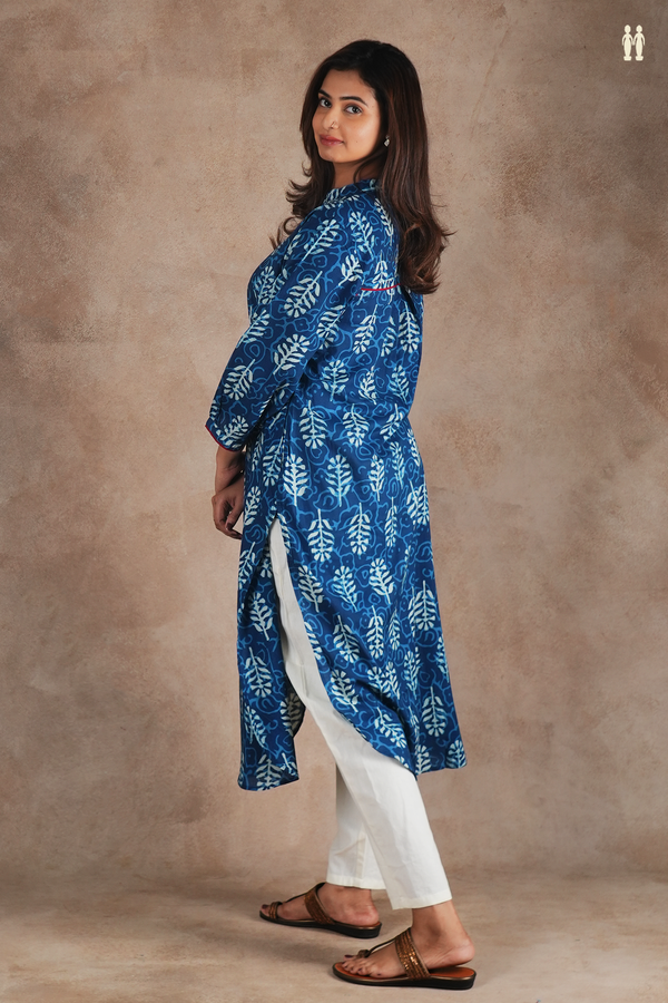 Mandarin Neck Printed Design Blue Cotton Long Kurta