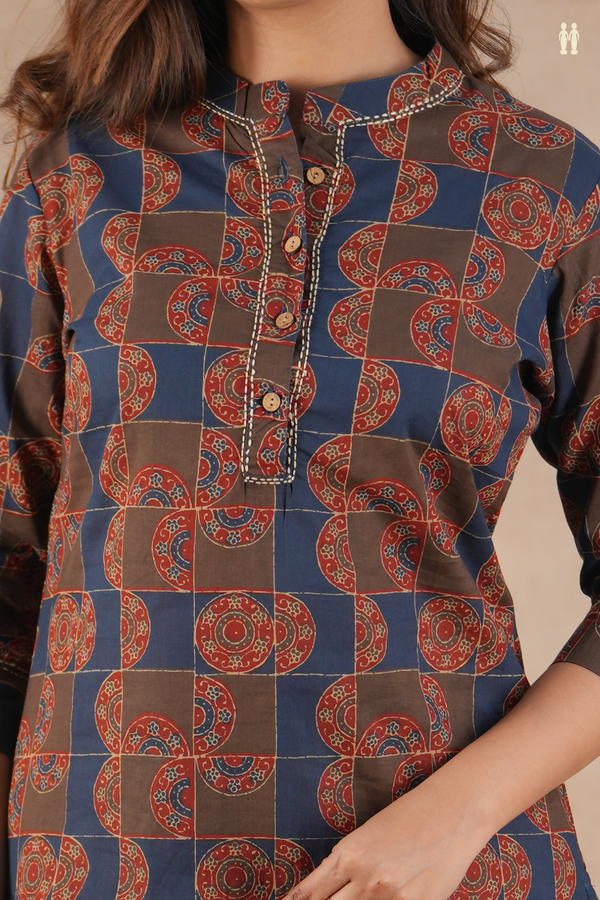 Mandarin Neck Printed Design Brown And Blue Cotton Salwar Set