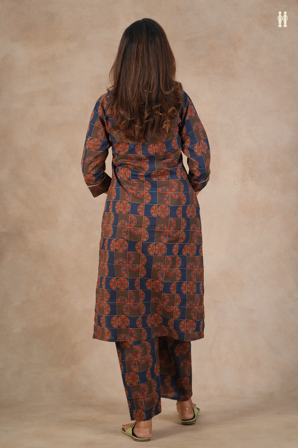 Mandarin Neck Printed Design Brown And Blue Cotton Salwar Set