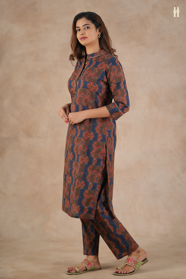Mandarin Neck Printed Design Brown And Blue Cotton Salwar Set