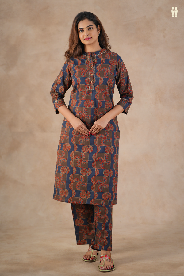 Mandarin Neck Printed Design Brown And Blue Cotton Salwar Set
