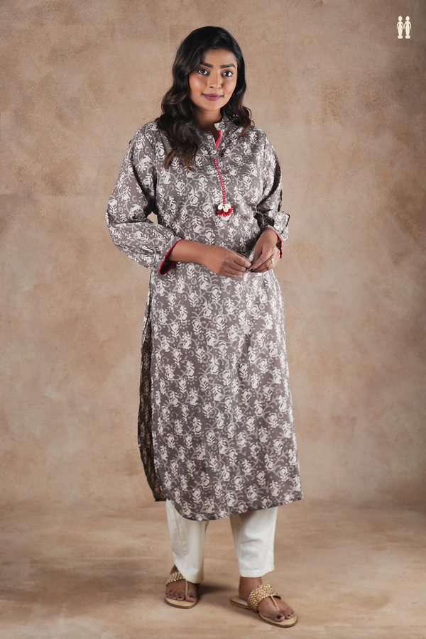 Mandarin Neck Printed Design Grey Cotton Long Kurta