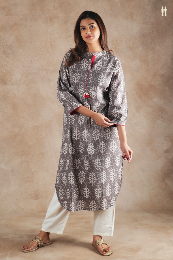 Mandarin Neck Printed Design Grey Cotton Long Kurta