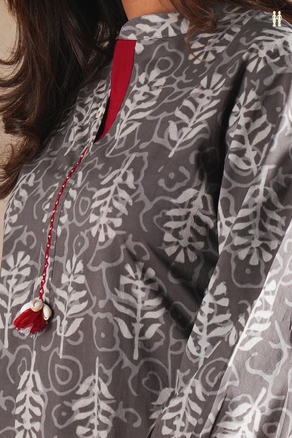 Mandarin Neck Printed Design Grey Cotton Long Kurta
