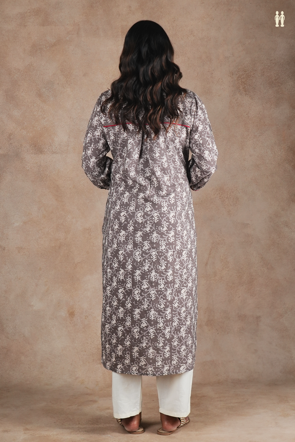 Mandarin Neck Printed Design Grey Cotton Long Kurta